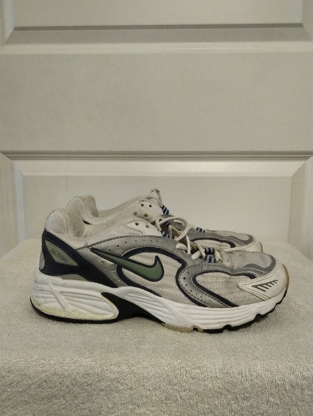Nike Air Blue and White Sneaker with Green Nike Swoosh Accent